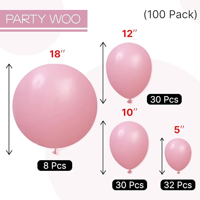 PartyWoo Mauve Balloons 100pcs Different Sizes of 18 12 10 5 Inch Dusty Pink Rose Boho Netural Balloon Arch Kit Garland for Baby Shower Bridal Shower Wedding Girl Birthday Party Decorations Pink-F30