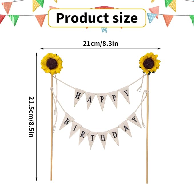 Happy Birthday Flag Banner Cake Topper, Handmade Pennant & Sunflower Garland Birthday Cake Flag Decoration for Party Decorations Supplies