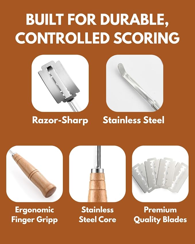 Bread Lame, Stainless Steel Sourdough Scoring Tool, Scoring Knife for Bread Baking Supplies, Bread Scorer with 5 Ultra-Sharp Razor Blades and Wood Handle, 7.32"