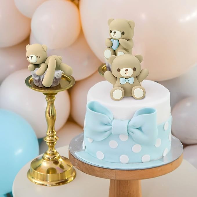 Yinder Bear Cake Toppers Mini Bear Cake Decorations Cake Toppers Gold White Pearl Ball for Birthday Party Decorations(Blue, Brown,Cute Style)