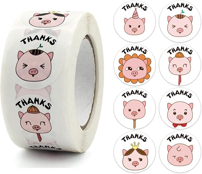 BLESS-VAST 500 PCS Thank You Stickers for Small Business - 1 Inch Cartoon Animal Cute Pig Thank You Stickers for Baking Packaging Envelope Seals Wedding Birthday Party Gift Wrap Bag (Pig)