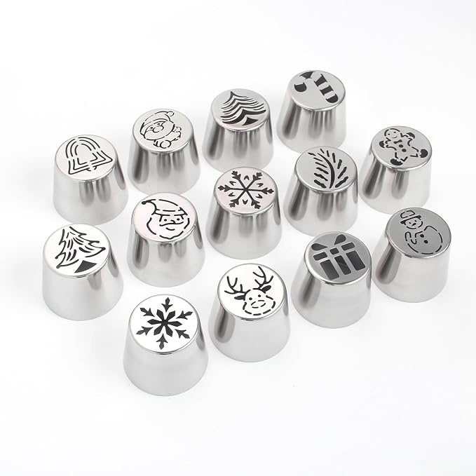 13 Pcs Extra Large Christmas Theme Icing Tips Set with10 Disposable Pastry Bags,1 Small Russian Flower Tip,1 Cleaning Brush for Cake Decoration,Cream Baking Tools