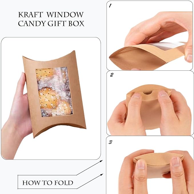 50 Pcs Pillow Gift Boxes with Windows,Kraft Paper Mini Pillow Packaging Box, Creative Favor Box Folding Treat Boxes with Clear Window for Bakery Candy Chocolate Jewelry Display Wedding Party Favor (kraft-Big)