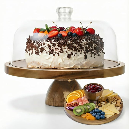 Acacia Wood Cake Stand with Lid, 12in Cake Stand with Acrylic Dome (Not Glass), 2-In-1 Cake Display Stand for Charcuterie Board, Chips & Dips, Fruit Platter, Wedding, Birthday, Parties