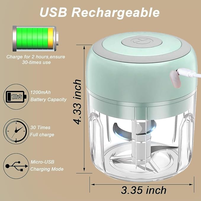 Electric Mini Garlic Chopper & Food Processor with Spoon & Brush - 2 Cup Portable Cordless Vegetable Blender, Onion Mincer with USB Charging for Baby Food, Chili, Herbs, Spices(Green 100+250ml)