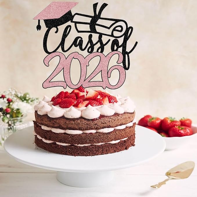 Gold Class of 2026 Congrats Grad Cake Topper Glitter Graduation Party Supplies - High School College Graduates -College Graduate Cake Topper Decorations (Black rose1)