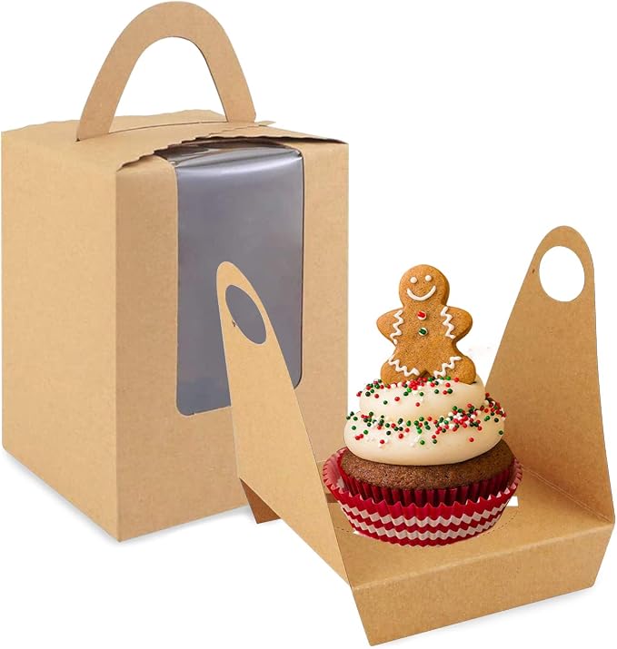 Cupcake Boxes, 30 Pcs Single Cupcake Boxes Individual Cupcake Containers Muffins Cupcake Carriers Holder Kraft Pastry Containers with Insert Window & Handle for Wedding Birthday Parties (Brown)