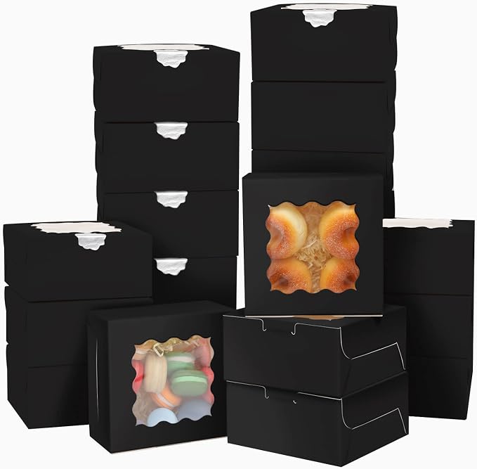 Bakepacker 100pcs Black Bakery Boxes with Window 6x6x3 inches Thick & Sturdy Macaroon Pastry Boxes Cookie Boxes for Bakerys