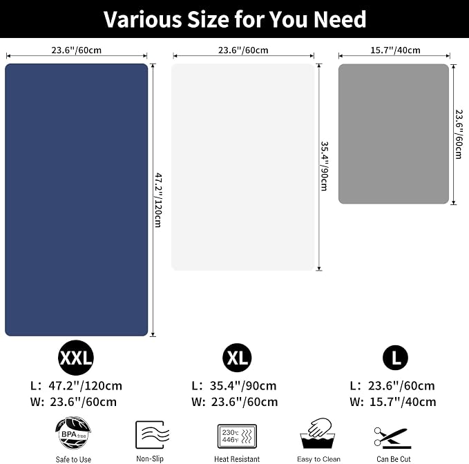 2MM Extra Thick Silicone Mats for Kitchen Counter, 35.4"x23.6" Kitchen Island Largest Heat-Resistant Baking Mat, Thicker Non-slip Desk Protect Mat, Multipurpose Countertop Protector, Deep Blue