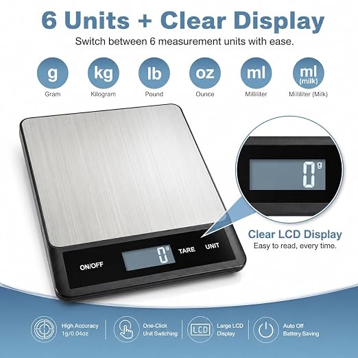 33LB/15KG Digital Kitchen Scale, USB Rechargeable Stainless Steel | 1g precision food scale with tare, 6 units and easy-clean platform for cooking, baking, meal prep and portion control
