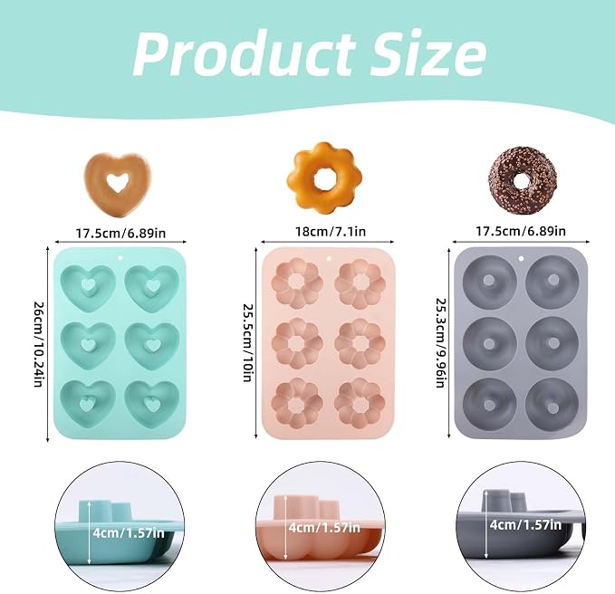 3pcs Silicone Donut Molds for Baking, Flower Round Heart Silicone Donut Maker Pan Set Easy to Demold 6 Cavities Doughnut Mould Baking Trays Supplies for Donuts Bagels Muffins Cakes Biscuit