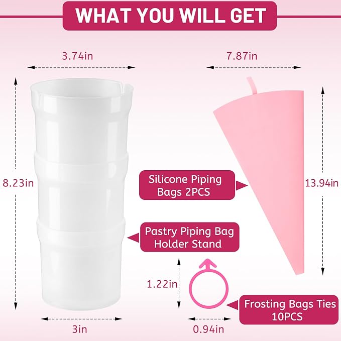 Piping Bag Holder Stand for Filling, Pastry Piping Bag Holder Stand, Clear Cream Icing Bag Holder with 2 Pack 14 Inch Reusable Piping Bags & 10Pcs Pastry Bag Ties
