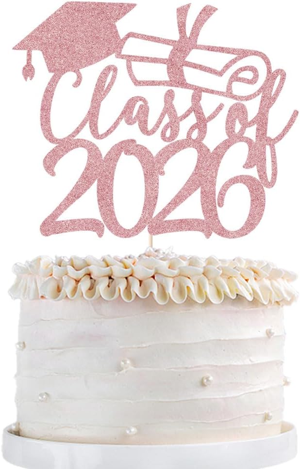 Gold Class of 2026 Congrats Grad Cake Topper Glitter Graduation Party Supplies - High School College Graduates -College Graduate Cake Topper Decorations (Rose gold)