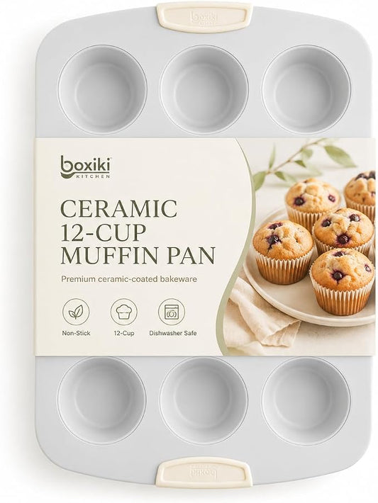 Boxiki Kitchen Ceramic 12-Cup Muffin Pan, 15.55"x11" Nonstick Cupcake Pan - Heavy Duty 0.6mm Aluminized Steel, KFCC Ceramic Coating, Oven Safe to 550°F, Rustproof & Warp Resistant Baking Pan
