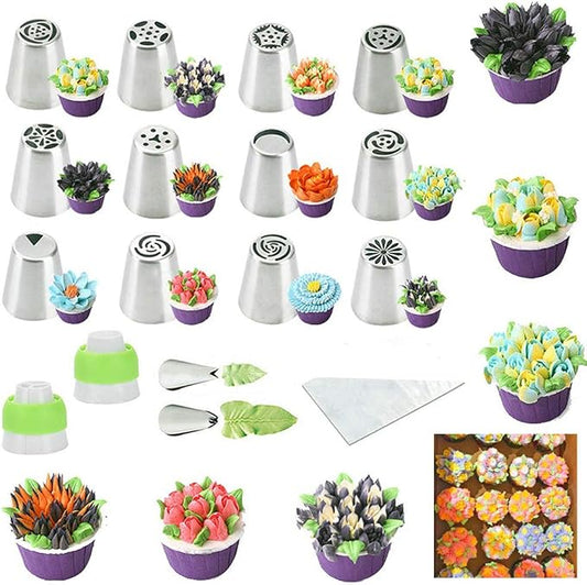 Russian Piping Tips 26 pcs-14 icing Nozzel (2 leaf Tips)+10 Baking Pastry Bags+2 Couplers Frosting Tips Set (26 pcs)