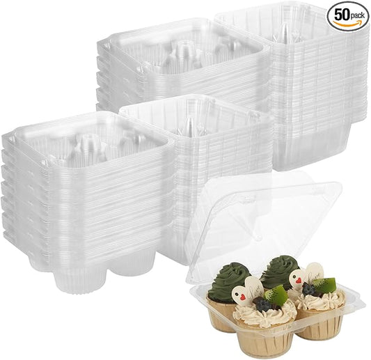 50PCS Cupcake Containers 4 Count, Clear Cupcake Holders Plastic Cupcake Boxes 4 Count Cupcake Containers with Lids, Cupcake Carrier for Cake Store and Bakery