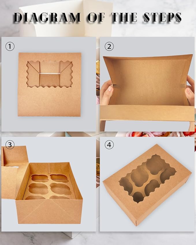 Bakepacker Auto-pop up 6 Cupcake Boxes with Window 20 Count Brown Box 9.4 x 6.1 x 3 inch Cupcake Carrier