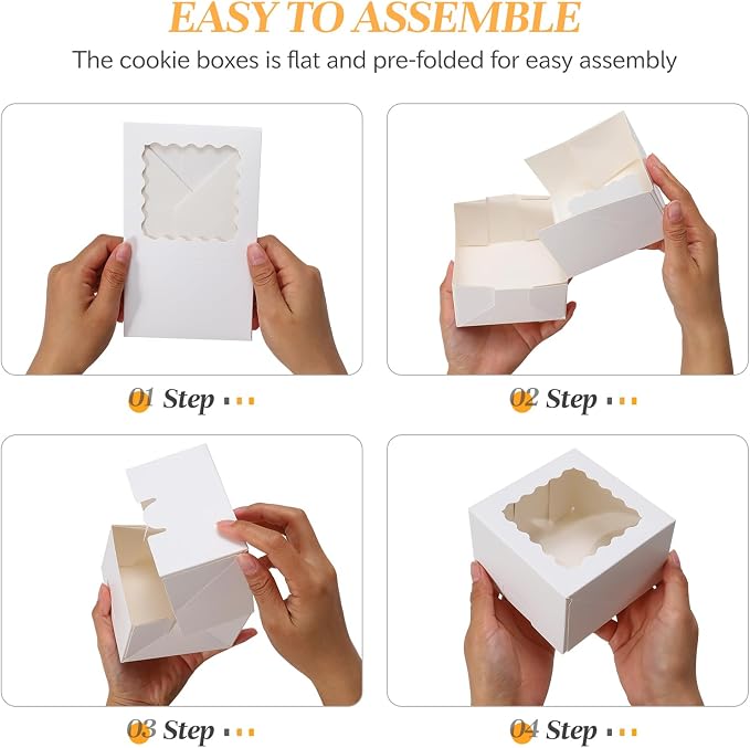 COTOPHER Auto Pop Up Cookie Box with Window 4x4x2.5 Inches – 50 Pack White Bakery Boxes with Gold Ribbon for Birthday Party Favors, Wedding, Christmas Gift Packaging for Cookies, Candy, Macarons