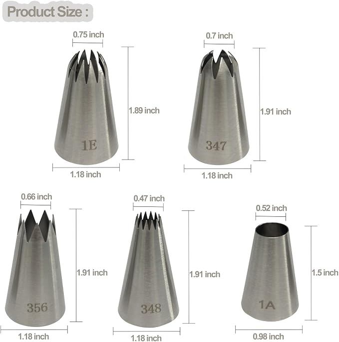 Large Piping Tips Set, Cake Decoration Tools | 5 Pieces Stainless Steel Cookie Decorating Kit, Pastry Nozzles, Frosting Icing Tips, 1A 1E 347 348 356, Baking Cupcake