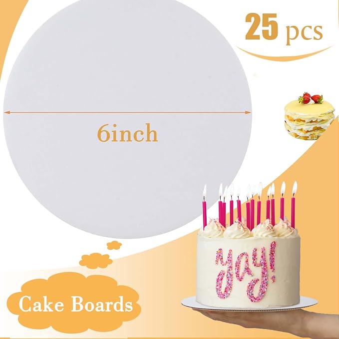 Sudaya Cake Boards 25 PCS, Cake Boards 6 Inch Round, Cardboard Cake Rounds, Disposable Cake Plates, Food Grade Cake Base Cake Tray Cake Circles, 6 Inch Cake Board White Cardboard Circles Round Base