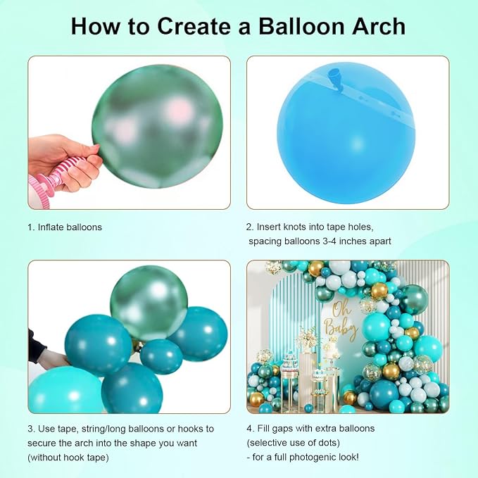 MEBAY Teal Balloons Garland Arch Kit, 147PCS Teal Blue Turquoise Green Metallic Gold Balloons with Confetti for Wedding Baby Shower Birthday Party Decorations
