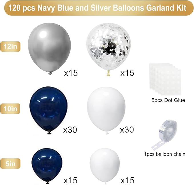 Blue Silver Balloons Garland Kit, 120 pcs Navy Blue and Silver Confetti White Balloons Arch for Graduation, Birthday Party, Wedding DIY Decoration