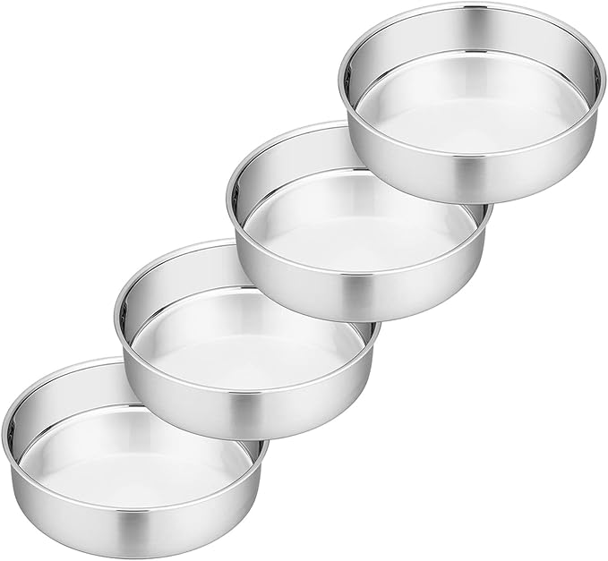 P&P CHEF 6 Inch Cake Pan Set of 4, Stainless Steel Baking Round Cake Pans Tins Bakeware for Birthday Wedding, Leak-proof & Easy Clean, Mirror Finish & Easy Releasing