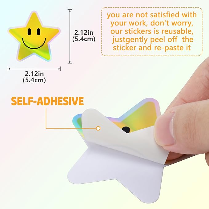 50PCS Smiling Holographic Star Stickers, Cute Water Bottle Stickers for Kids, for Teaching Rewards, Notebooks, Stationery, Luggage, Cartoon PVC Happy Holographic Stickers