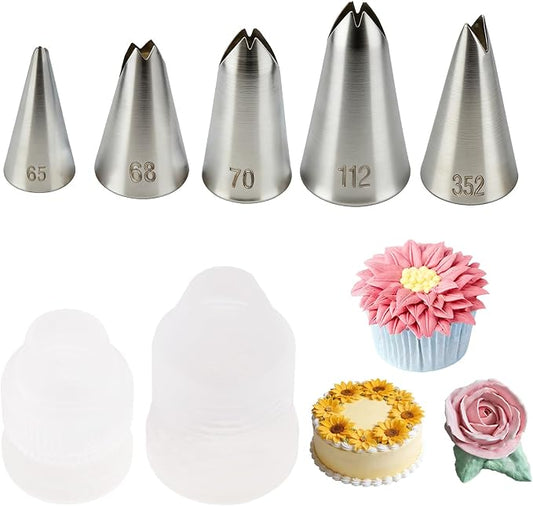 7 Pcs Leaf Piping Tips Set, 5 Stainless Steel Cake Decorating Tips with Couplers, Icing Nozzles for Buttercream Flowers, Cupcakes, Cookies, Pastries, Baking Supplies for Home Bakers (65/68/70/352/112)