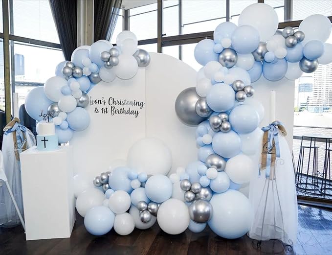 140Pcs Pastel Blue Balloons Baby Blue Balloon Garland Arch Kit 5/10/12/18 Inch Latex Light Blue Balloons Different Sizes as Gender Reveal Baby Shower Birthday Blue Theme Party Decorations