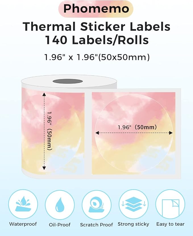 Phomemo Circle Labels - 50x50 mm Thermal Round Gradient Color Labels for Barcode, Logo, Gift, Thank You, Small Business, Home Use