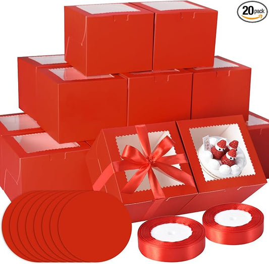 KPOSIYA 40pcs 6x6x5 inch Mini Cake Boxes with Cake Boards (20 Boxes & 20 Boards), 6 inch Small Cake Boxes with Lids，Cajas de mini pastel Bakery Boxes with Window for Christmas Thanksgiving