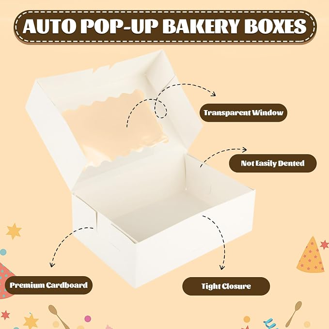 QTLCOHD 50 Pcs Cookie Boxes with Window 9x6x3 Inch | White Bakery Boxes Dessert Container with Sticker for Pies, Chocolate, Strawberries, Muffins, Donuts, Pastry, Candy
