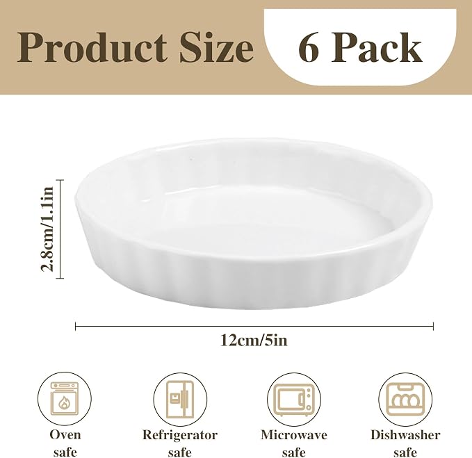 8 oz Creme Brulee Ramekins,6 Pack Porcelain Ramekins Oven Safe,Round Fluted Quiche Dishes,Mini Tart Pans for Baking Souffle,Mini Pies,Dipping Sauces,Tart