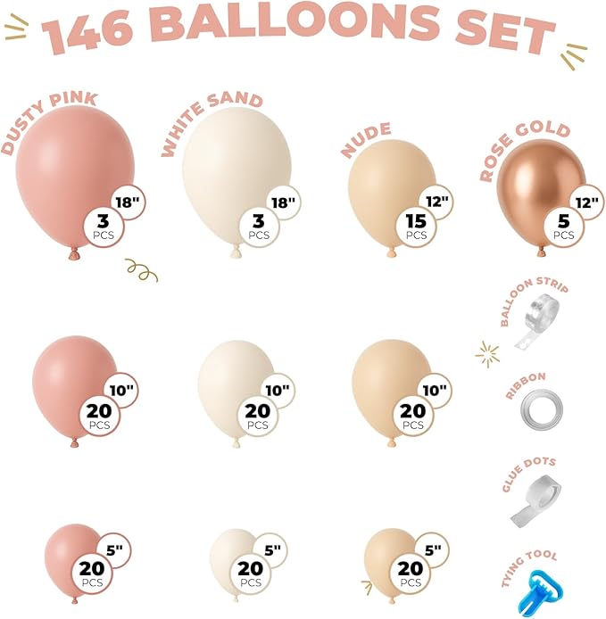 Balloon Garland Arch Kit – 146 Pcs Dusty Pink, White Sand, Nude & Rose Gold Balloons for Baby Shower, Birthday, Gender Reveal, Wedding Party – DIY Kit by Vellax™