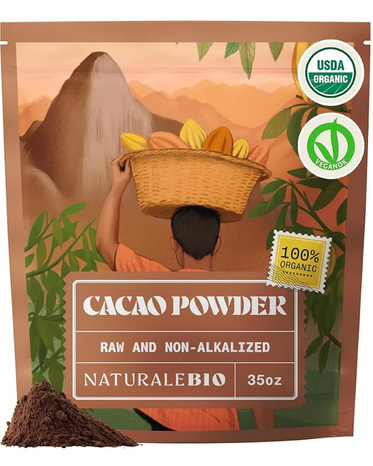 NaturaleBio Cacao Powder Organic 35oz. Unsweetened, Non-Alkalized and Pure. Cocoa Powder Substitute with Rich Dark Chocolate Flavor. Non-GMO, Gluten Free, Tested for Heavy Metals. From Raw Cacao Beans