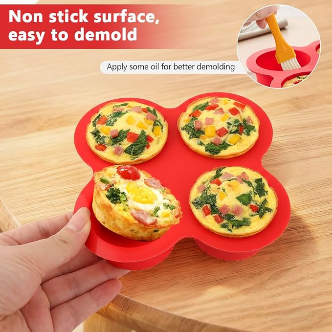 2 Pack Air Fryer Egg Bite Molds, 4 Cups Mini Round Muffin Pans, Silicone Egg Bite Molds with Spreader＆Oil Brush Nonstick Air Fryer Baking Pan for Cupcake, Muffin, Tart, Frittata, Quiche