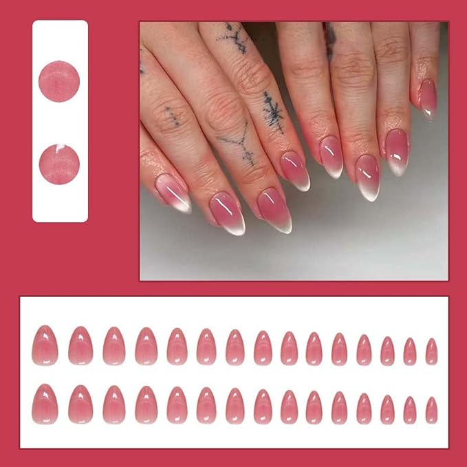 30Pcs Press on Nails Short Almond ZWENJIE Cat Eye Fake Nails Press ons Nail Tips Stick on Nails Pink Blush Tip Acrylic Nails Kit French False Nails with Blue Tip Design Nail Art for Women Manicure