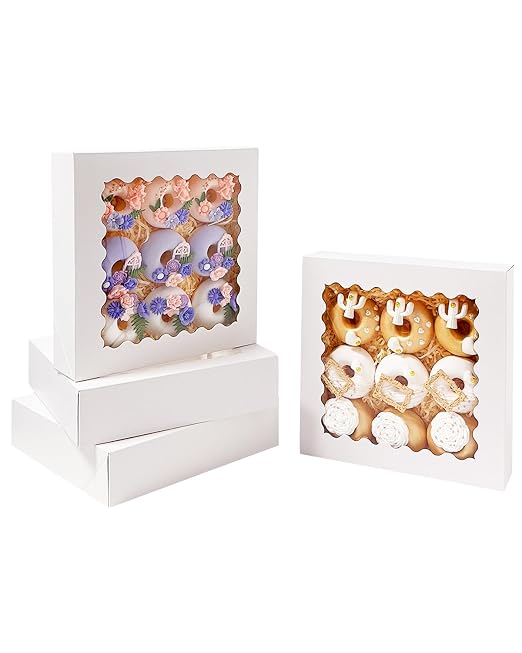 Bakepacker 240pcs White Pie Boxes 8"x 8"x 2.5" Easy Assemble Macaroon Cookie Boxes Bakery Boxes with Window for Bakery (Auto-pop Up)