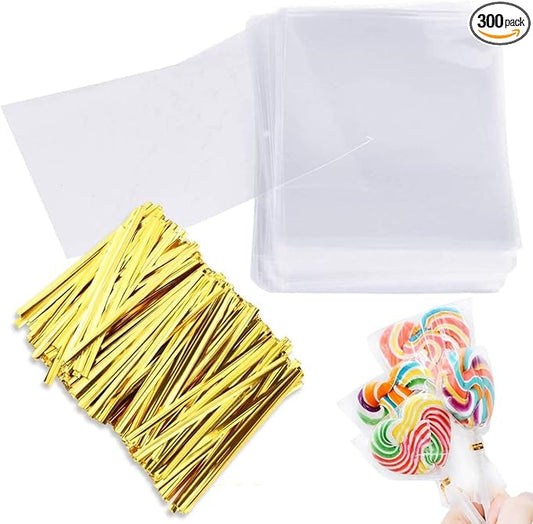Augshy Cake Pop Bags,300Pcs Cellophane Treat Bag 3x5 Inches with Twist Ties | Clear 1.4mils Thickness,Resealable Packaging Individual OPP Plastic Bags for Lollipop Cake Candy Chocolate Cookie Wrapping B