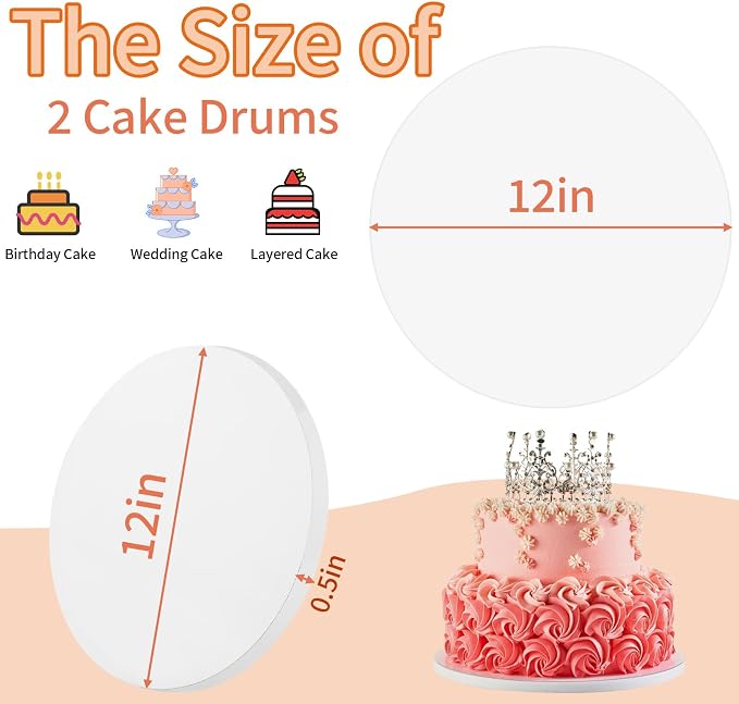Cake Drums 12 Inch - Sturdy 1/2 Inch Cake Drum, Cake Boards 12 inch Round,Corrugated Cake Base Cake Boards for Multi-Layer Cakes, White, 2 Pcs