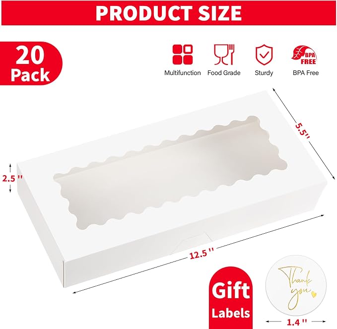 Ocmoiy 20 Pack Cookie Boxes, 12x5.5x2.5 Inch Bakery Boxes with Window, Auto-Popup Treat Box for Chocolate Covered Strawberries, Hot Cocoa Bombs, Pastries, Donuts, Muffins