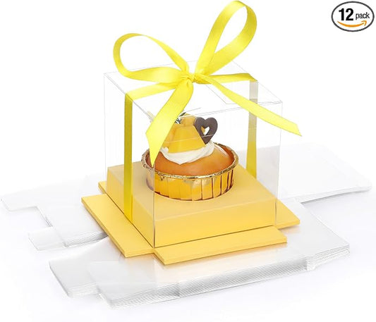 EUSOAR Clear Cupcake Boxes, 12 Pack 3.5 Inch Plastic Individual Transparent Cupcake Containers with Ribbon, Pastry Muffins Gift Holder Clear Disposable Cake Carriers Display for Wedding Party Bakery