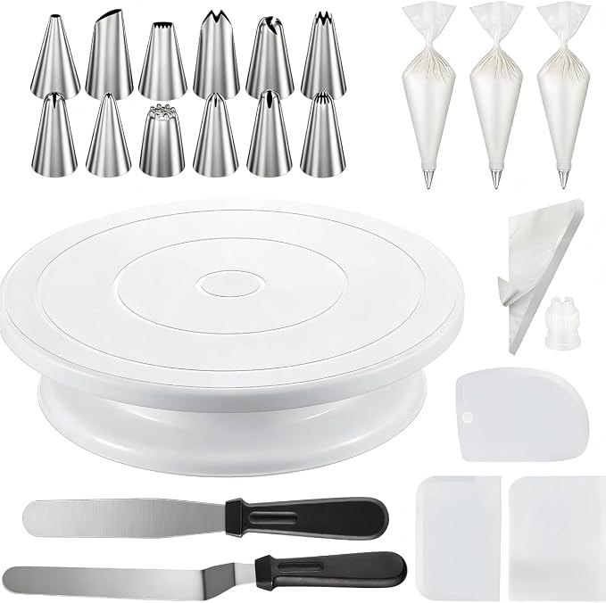 Cake Decorating Kit with Cake Turntable, 69-Piece Baking Supplies Set Including 12 Piping Tips, 50 Piping Bags, 3 Cake Scrapers, 2 Frosting Spatulas and Coupler, Easy Cake Decorating for Beginners