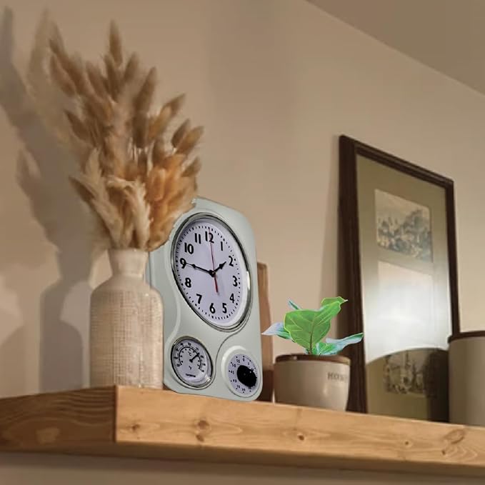 Lily's Home - 9 Inch x 12.5 Inch - Retro Kitchen Wall Clock, Vintage Wall Clock with a Thermometer and 60-Minute Timer, Ideal for Any Kitchen, Office, or Diner (White)