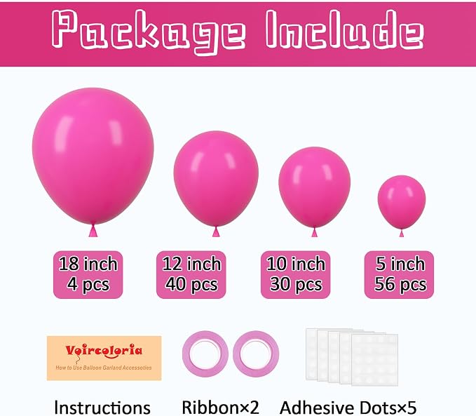 Voircoloria 130pcs Hot Pink Balloons Different Sizes 18" 12" 10" 5" Dark Pink Balloons for Birthday Graduation Baby Shower Wedding Anniversary Princess Theme Party Valentine's Day Decorations