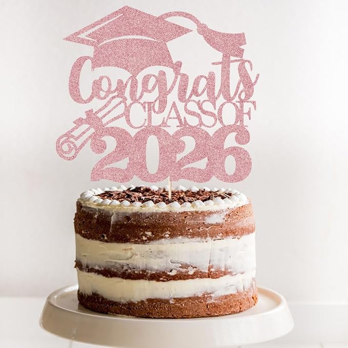 Congrats Class Of 2026 Cake Topper, Glitter Graduation Party Supplies - High School College Graduates -College Graduate Cake Topper Decorations Supplies (Rose gold)
