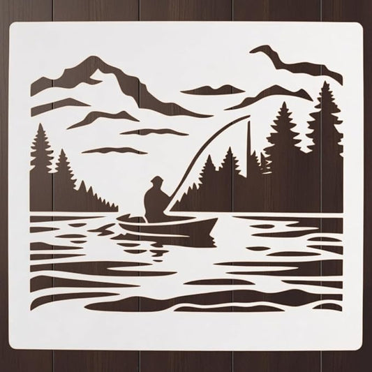 Fishing Landscape Stencil – Nautical Ocean Lake Travel Adventure Design Template Pattern Reusable Art Stencil for Painting, Crafting and DIY Projects (3 Pcs Set)