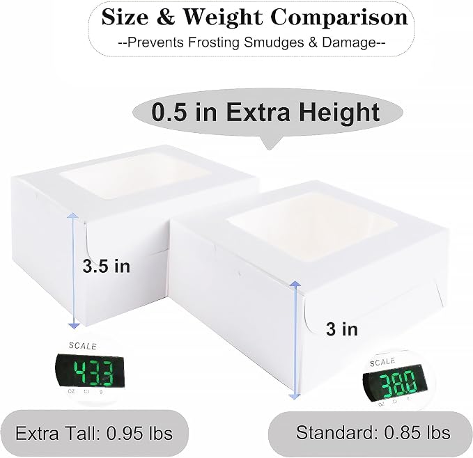HUFElI 3.5 Inch Extra Tall Cupcake Boxes 4 Count with Window, Bakery Boxes, Food Grade Muffin Container，Treat Boxes for Cookies，Candies，Mini Cakes & Baked Goods - 6.3x6.3x3.5 inch, 20 Pack