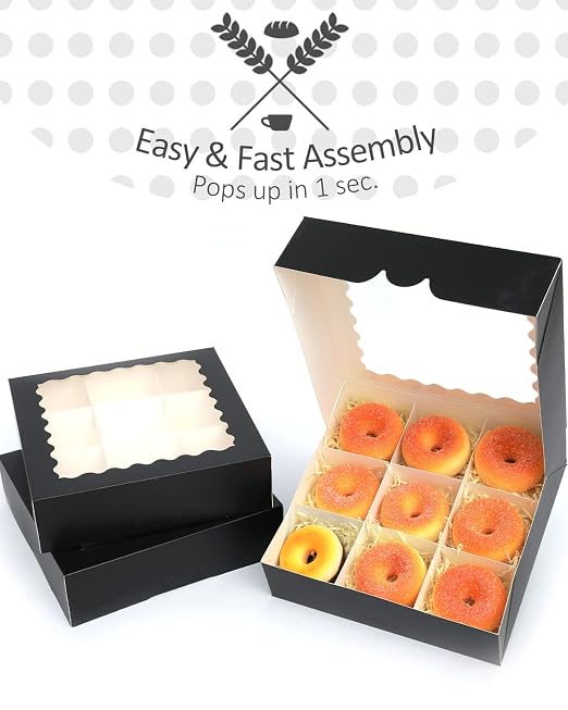 qiqee Black Bakery Box with Window 24-Packs 10x10x2.5 inch Donut Pie Boxes Pastry Box(24pcs Black Bakery Boxes+5 Sets Dividers+20 Silver Stickers+30pcs Cookie Packaging Includes)